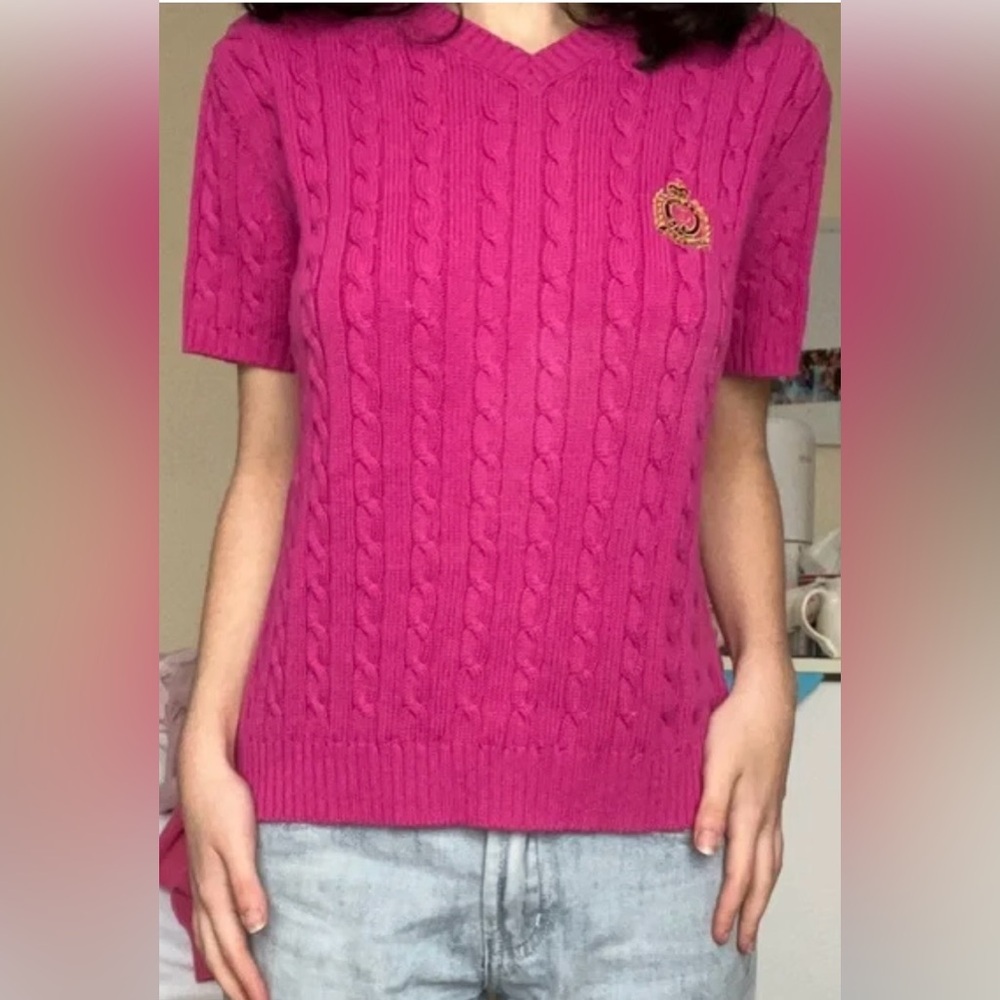Ralph Lauren Women’s Fuchsia V-Neck Short Sleeve Pull Over 100% Cotton Sweater M